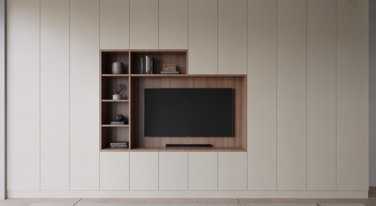 Modern bespoke media wall with integrated storage and mood lighting
